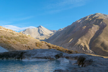 Thermal water pools at Termas Valle de Colina, Cajón del Maipo, a popular tourist destination in Chile, South America