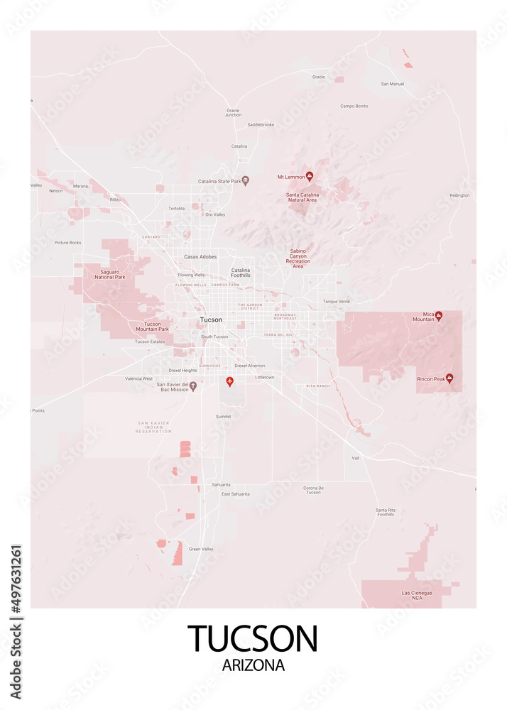 Poster Tucson - Arizona map. Road map. Illustration of Tucson - Arizona streets. Transportation ...