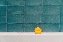 A Yellow Rubber Duckling In A Bathtub With Blue Tiles.