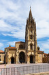 Picturesque view of Cathedral of Oviedo on Plaza Alfonso II, Spain, at sunny summer day
