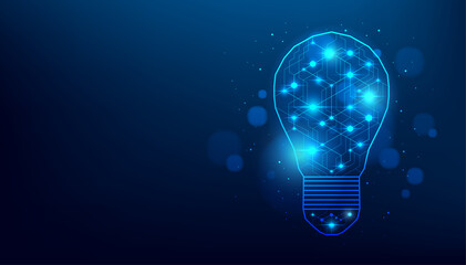Wall Mural - blue glowing light bulb of an artificial intelligence with line dots on dark blue color background. 