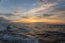 A Sunset In The Sea With Fishing Rods