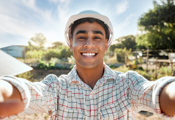 Poster - New day , new goals. Shot of a young farmer talking a selfie on a farm.