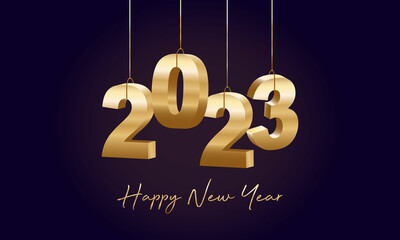 Wall Mural - Happy New Year 2023. Hanging golden 3D numbers with ribbons, Modern Happy New Year Background