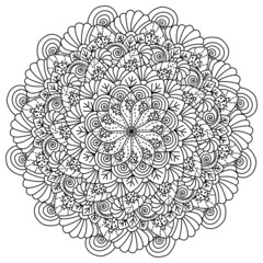 Mandala with ladybugs and leaves, meditative coloring page with plants and beetles