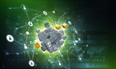 Wall Mural - concept of internet and networking with digital cube figure on dark background
