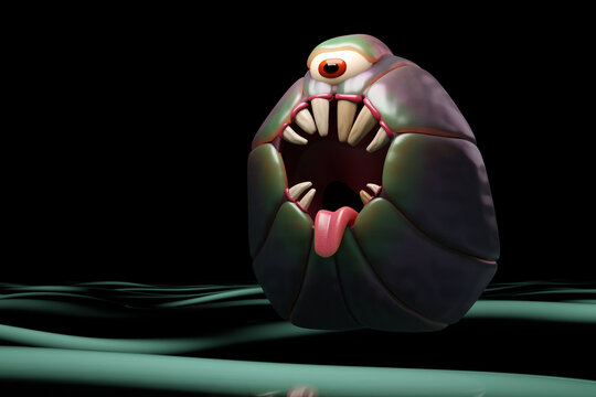 3D illustration of a scary one-eyed green monster on a dark isolated background. Funny monster for kids design