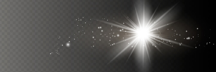 Wall Mural - Yellow glowing light explodes on a transparent background. Sparkling magical dust particles. Bright Star. Transparent shining sun, bright flash. Vector sparkles. To center a bright flash.