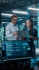 Leinwandbilder - Vertical Screen. Data Center Black Female e-Business Enrepreneur and White Male IT Specialist talk, Use Laptop. Information Technology Engineer and System Administrator work in Tech Facility