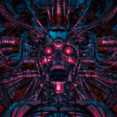 Wall Mural - guardian of the digital underworld - 3d illustration of science fiction cyberpunk screaming robot sk