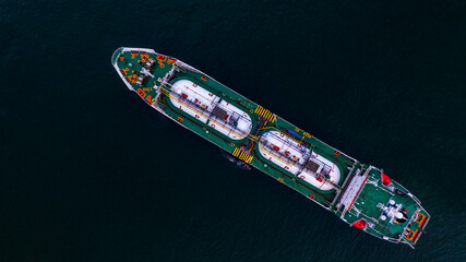 Wall Mural - Aerial top view LPG tanker ship at sea, Aerial view white Liquefied Petroleum Gas tanker vessel boat, Tanker ship logistic and transportation business oil and gas industry.