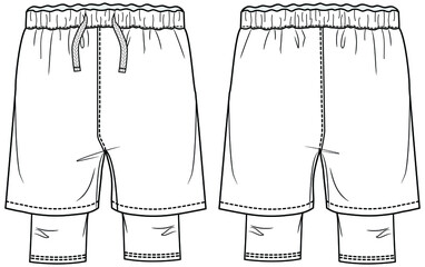 mens double layered running shorts with elasticated drawstring waistband front and back view flat sketch vector illustration. CAD mockup.