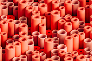 Three dimensional pattern of rows of red colored cylinders