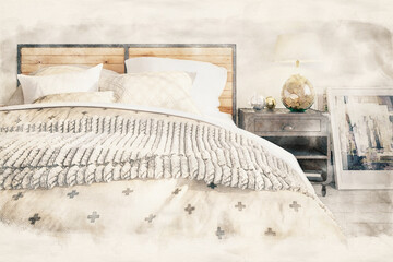 Wall Mural - Cosy Bedroom Interior Conception - Watercolor Painting of a Interior Design