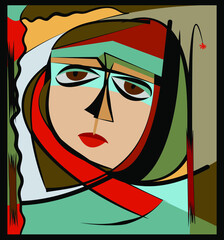 Colorful abstract background, cubism art style, woman with head covered
