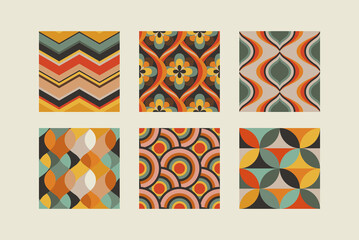 Set of vector retro seamless patterns, inspired by prints from the 60s and 70s