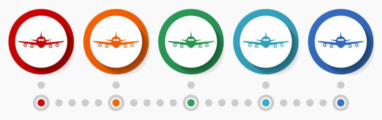 Poster - Plane, airplane, travel concept vector icon set, infographic template, flat design colorful web buttons in 5 color options