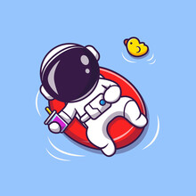 Cute Astronaut Summer Floating On Beach With Balloon Cartoon Vector Icon Illustration. Science Summer Icon Concept Isolated Premium Vector. Flat Cartoon Style