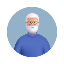 Senior Man Avatar. Smiling Elderly Man With Beard With Gray Hair. 3d Vector People Character Illustration. Cartoon Minimal Style.