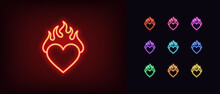 Outline Neon Burning Heart Icon. Glowing Neon Heart With Fire, Blazing Love Pictogram. Hot Passion