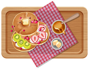 Top view of breakfast on a wooden tray