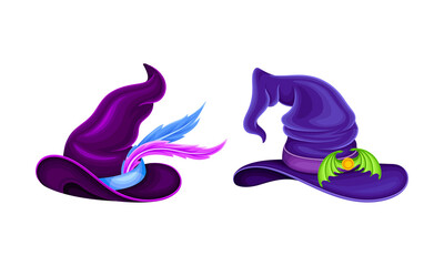 Wall Mural - Purple witch hats set. Halloween or carnival costume accessories cartoon vector illustration