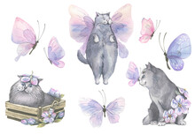 Watercolor Illustration Of Delicate Pink-lilac Butterflies And Cute, Gray Cats. Airy, Light, Gentle. For Banner Design, Postcards, Clothing, Design, Posters, Wallpaper.