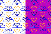 Heart Seamless Pattern. Hand Drawn Dood Ink Brush Stroke, Outline Shapes, Blue Tones, Yellow Color Palette. Cute Cartoon Backdrop For Love Holiday, Valentines Day. White Or Lilac Background. Vector
