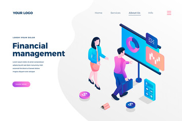 Wall Mural - financial management isometric landing page template. financier analysing market trends. analyst stu