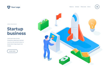 Wall Mural - startup business isometric landing page template. businessman launching profitable company metaphor 