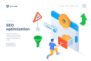 Wall Mural - seo optimization isometric landing page template. content manager increasing webpage traffic. progra
