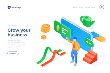 Wall Mural - growing business isometric landing page template. top manager offering company development strategy.
