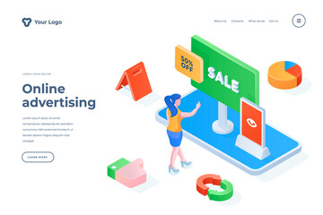Wall Mural - online advertising isometric landing page template. smartphone app for tracking sales and discounts 