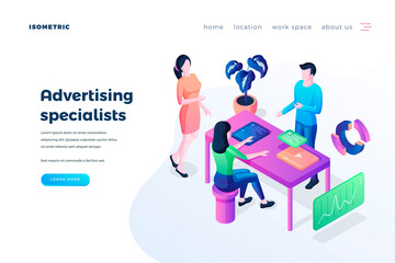 Wall Mural - advertising specialists landing page vector template. marketing agency website homepage interface id