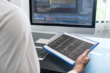 Programmer, Man working with computer programming, professional development, and coding technology, working on high-quality visual software development websites