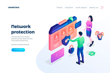 Wall Mural - network protection landing page vector template. internet business website homepage ui idea with iso