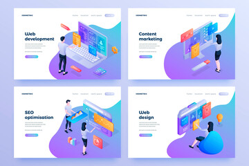 Wall Mural - internet business promotion isometric landing page templates set. web development, content marketing