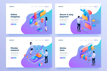 Wall Mural - online shopping advances isometric landing page templates set. e-commerce, market research, online s