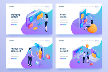 Wall Mural - online communication isometric landing page templates set. engaging content, social media, internet 