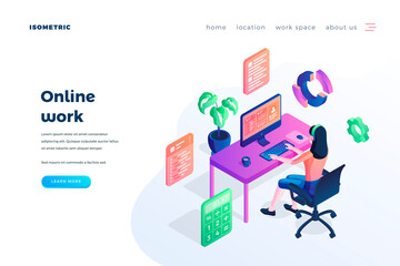 Wall Mural - online work landing page vector template. modern business, freelance website homepage interface idea