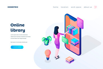 Wall Mural - online library landing page vector template. internet literature, education website homepage interfa