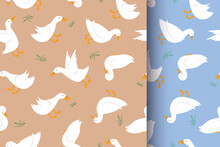 Nice Seamless Pattern. Endless Background In Two Colours. For Kids Linen, Fabric, Wallpaper, Wrapping Paper. Cute, Funny Ducks Ornament.  Cartoon White Ducks. 