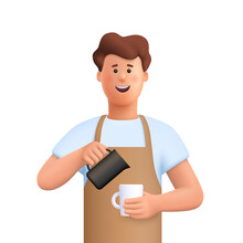 Young Smiling Man Barista  Wearing Apron Standing Whipped Milk Into The Coffee Mug. Coffee Shop, Coffee Time And Take Away Concept. 3d Vector People Character Illustration.Cartoon Minimal Style.