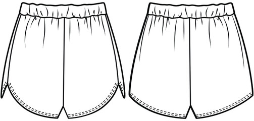 Beach shorts, Boardshorts fashion flat sketch vector illustration template. CAD mockup.