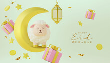 3d Illustration Suitable For Ramadan, Eid Al Fitr, And Eid Al Adha With Crescent Moon, Gift, And Cute Sheep 