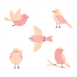 Set of doodle pink cute birds. Collection of childish funny birdies. Simple vector illustration.