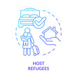 Host refugee blue gradient concept icon. Provide home and room. Temporary housing. Helping refugees abstract idea thin line illustration. Isolated outline drawing. Myriad Pro-Bold font used