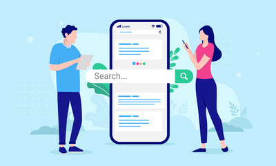 Online search - Vector illustration of two people standing with smartphone and search bar on screen. Flat design