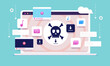Piracy downloading - Laptop computer with pirate skull on screen downloading files illegally from internet. Vector illustration