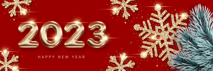 Wall Mural - 2023 New Year card template with golden 3d numbers and glittering decorative snowflakes on red background